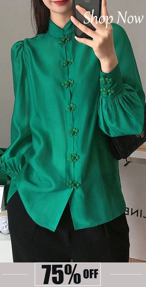 Solid Green Stand Collar Chinese Button Silk Blouse Top Long Sleeve Chinese Button, Gala Design, Silk Tunic Dress, Chinese Collar, Long Sleeve Outfits, Silk Tunic, Solid Green, Silk Top, Blouse Top