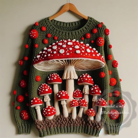 Mushroom Sweater Pattern, Mushroom Sweater Crochet Pattern, White Sweater Outfit Winter, Red Sweater Outfit Winter, Mushroom Cardigan Crochet Pattern, Mooshroom Crochet, Crochet Fungi Pattern, Crochet Jersey, Sweater Dress Outfit Winter