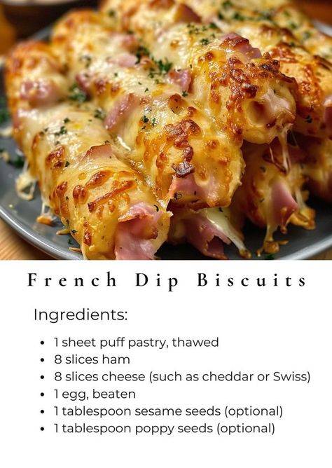 Baguette Recipe, Cheesy Ham, Cheese Puff Pastry, Slider Buns, Cooking Easy, Sliced Ham, French Dip, Cheese Sticks, Puff Pastry Sheets