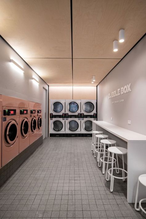 Laundrymat Design Ideas, Cute Laundromat Ideas, Laundry Cafe Interior Design, Small Laundromat Design, Cafe Laundromat, Laundry Shop Design Ideas, Laundry Room Wallpaper Accent Wall, Laundry Store Design Ideas, Accent Wall Laundry Room