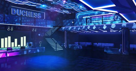 Nightclub "Duchess", ~ RaseL on ArtStation at https://www.artstation.com/artwork/gz6GE Anime Background Outside, Nightclub Background, Backgrounds Gacha, Club Design Interior, Background Outside, Disco Background, Anime Club, Background Landscape, Episode Interactive Backgrounds