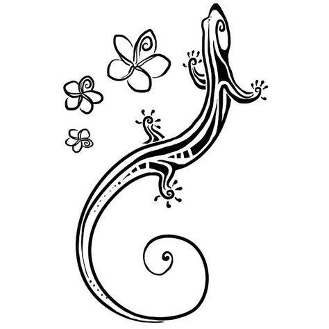 A nice tribal tattoo design of a gecko with jasmine flowers. Style: Tribal. Color: Black. Tags: Nice Iguana Tattoo, 000 Tattoo, Gecko Tattoo, Lizard Tattoo, Hawaiian Art, Flowers Tattoo, Maori Tattoo, Tattoos Designs, Flower Tattoo Designs