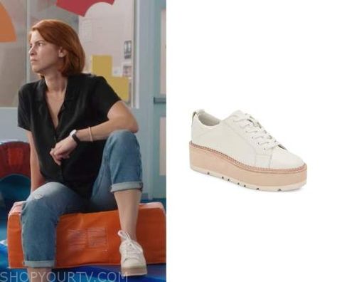 Workin Moms: Season 7 Episode 5 Anne's White Sneakers Anne From Working Moms Outfits, Anne Working Moms Style, Anne Carlson Working Moms Style, Working Moms Anne, Anne Carlson Style, Working Moms Anne Outfit, Anne Carlson, Working Mom Outfits, Zoeys Extraordinary Playlist