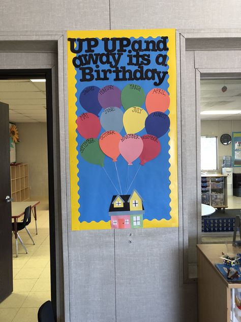 UP themed Disney board for the class’ birthdays. 3 Year Classroom Ideas, Class Birthday Board Disney, Birthday Bulletin Board Ideas Preschool, Disney Themed Elementary Classroom, Disney Cubby Name Tags, Disney Theme Infant Room, Bulletin Board Themes Classroom, Disney Birthday Wall Ideas For Classroom, Up Theme Bulletin Board