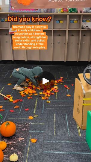 14K views · 287 reactions | Step into our preschool classroom transformed into a vibrant pumpkin patch! 🍂🎃 Watch as my son dives into autumn-themed dramatic play, picking apples, raking leaves, and joyfully tossing them into the air. He also harvests pumpkins and takes the tractor for a spin around the patch. Dramatic play is essential in early childhood education as it fosters imagination, strengthens social skills, and builds understanding of the world through role-play. Join us for a fun-filled exploration of seasonal activities that spark creativity and learning! | Preschool Vibes Leaves Dramatic Play Preschool, Fall Dramatic Play Preschool, Preschool Vibes, Picking Apples, Learning Preschool, Raking Leaves, Seasonal Activities, Fall Preschool, Spark Creativity