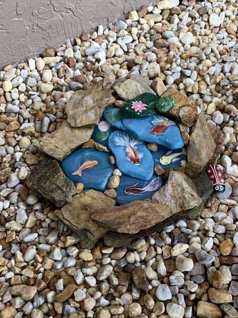 Painted July, 2019. No water or fish food required. Stone Paintings, Maluchy Montessori, Hemma Diy, Garden Yard Ideas, Fairy Garden Diy, Rock Painting Designs, Rock Painting Art, Koi Pond, Rock Crafts