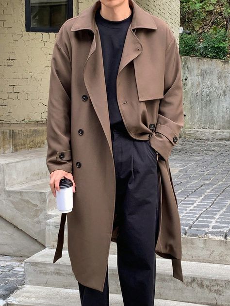 Coffee Brown Casual Collar Long Sleeve Woven Fabric Plain Regular Embellished Non-Stretch  Men Clothing Mens Winter Trench Coat, Men Coat Style, Men In Long Coats, Mens Fashion Trench Coat, Men’s Long Coat, Winter Coat Aesthetic Men, Nyc Male Fashion, Tan Overcoat Outfit Men, Mens Trench Coat Outfit Casual