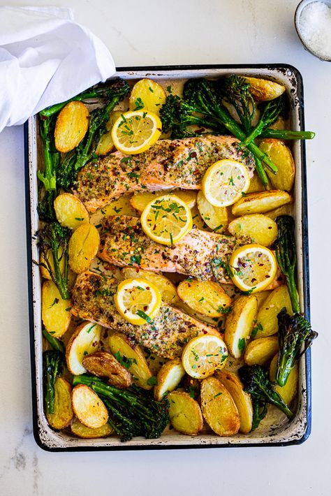 Sheet Tray Meals, Salmon And Lemon Recipes, Fish Tray Bake Recipes, Salmon Recipes One Pan, One Sheet Pan Meals Salmon, Sheet Pan Fish Recipes, Salmon Baked Potato, Sheet Pan Meals Shrimp, Fish Sheet Pan Recipes