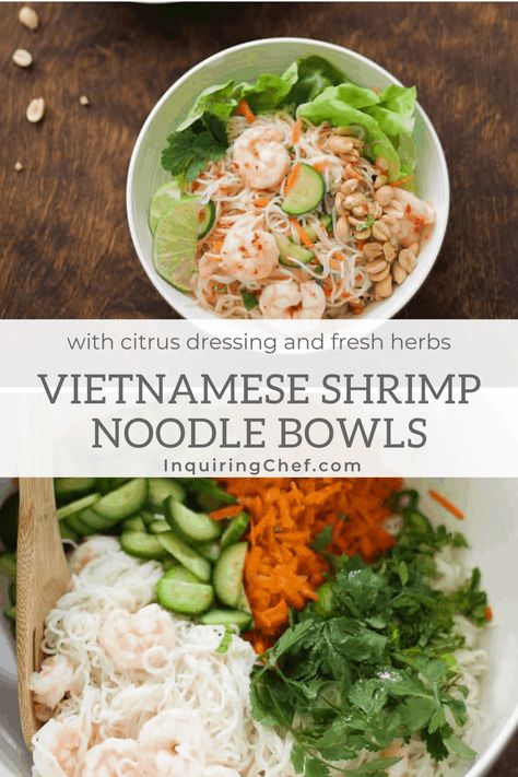 Shrimp Vietnamese Noodle Bowl, Shrimp Noodle Bowl Recipes, Shrimp Rice Noodle Bowl, Shrimp Vermicelli Bowl, Vietnamese Bowls, Shrimp And Rice Noodles, Shrimp Noodle Salad, Shrimp Noodle Bowl, Pho Recipes