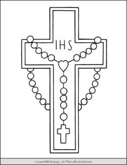 Cross With Rosary Drawing, Rosary Art Drawing, Rosary Drawing Easy, Rosary Coloring Page, Catholic Coloring Pages, Rosary Drawing, Rosary Prayers Catholic, Cross Coloring Page, Catholic Symbols