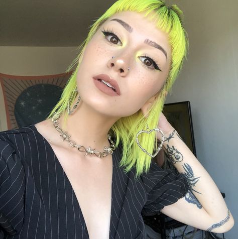 #neonhair #yellowhair #mulletgirl #mullet #articfoxhaircolor #cosmicsunshine #barbedwirejewelry Highlighter Yellow Hair, Yellow Hair Highlights, Shullet Hairstyles, Neon Yellow Hair, Artic Fox Hair, Neon Hair, Vegan Animals, Yellow Hair, New Haircuts