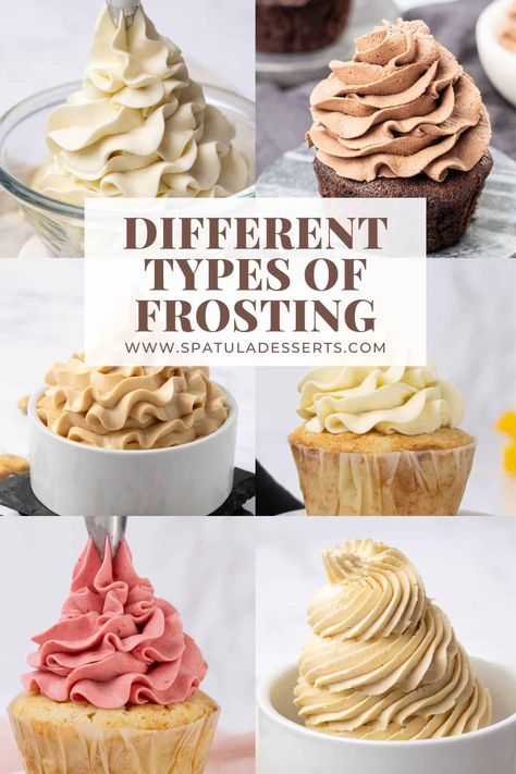 6 different types of frosting. Different Types Of Frosting For Cakes, Different Types Of Cake Frosting, Quick Cupcake Frosting, Not Very Sweet Frosting, Different Types Of Icing, Frosting Types Chart, Types Of Buttercream Frosting, Types Of Icing For Cakes, Chocolate Cupcakes With White Frosting