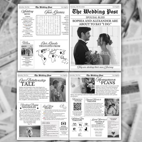 Folded Printable Wedding Newspaper Program Canva Template, Newlywed Times Newspaper Wedding Program, Infographic Ceremony Newspaper Schedule Elevate your wedding with our Printable Wedding Newspaper Program Template. This fully customisable design is perfect for creating a unique folded wedding newspaper program that features a fun wedding crossword, a detailed wedding itinerary schedule, and a comprehensive wedding day timeline. With editable pages to share your couples love story, photographs and interesting couples facts with your guests, to make your newlywed newspaper more personal and special. This wed newspaper is a charming way to keep your guests informed and entertained throughout your wedding day celebration. The template is completely customisable so it can be edited and used f Newlywed Post Newspaper, Wedding Times Newspaper, Newlywed Newspaper, Newspaper Program Wedding, Wedding Newspaper Program, Wedding Newspaper Template, Paper Template Free, Newspaper Wedding, Newspaper Wedding Programs