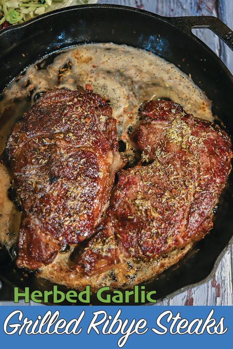 The last Grilled Ribeye Steaks recipe you'll ever need! The steaks start out on the grill and finish in a cast-iron pan, basted in herbed garlic butter. All under 10 minutes! Rob Eye Steak Recipes, Rib Eye Steak Recipes Cast Iron, Ribeye Steak Recipes Cast Iron, Cast Iron Ribeye Steak, Cast Iron Steak Recipes, Montreal Steak Seasoning Recipe, Dinner Date Recipes, Season Steak Recipes, Cast Iron Steak