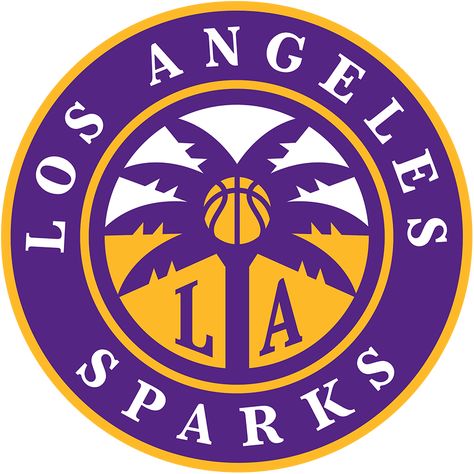 Los Angeles Sparks Logo Primary Logo (2021-Pres) - For the 2021 WNBA season, the Los Angeles Sparks made the first logo change in the 25-year history of their franchise. Officially referred to as their Global Icon, the Sparks logo now featured a purple palm tree with a yellow basketball on it, a purple LA around the trunk - this design is placed inside a purple and yellow circle with the team name written around it in white. SportsLogos.Net Sparks Logo, Los Angeles Logo, Purple Circle, Logo Football, Sports Logo Design, Vintage Basketball, Global Icon, One Logo, Word Mark Logo