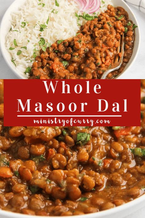 This warm whole masoor dal, or brown lentil curry, is easy to make in just 30 minutes in the Instant Pot. Plus is vegetarian and gluten-free. Whole Masoor Dal Recipe, Brown Lentil Curry, Lentils Instant Pot, Indian Dal Recipe, Lentil Curry Recipes, Masoor Dal, Stovetop Pressure Cooker, Lentil Dal, Brown Lentils