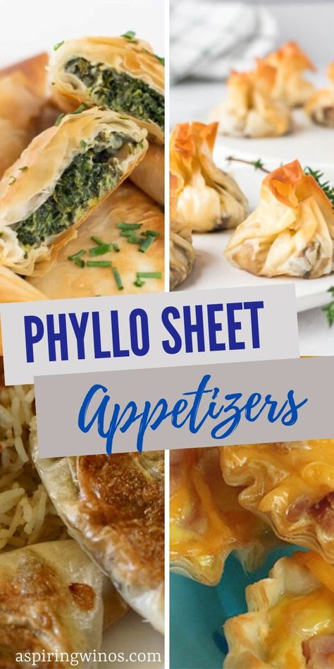 Unique Phyllo Sheet Appetizer Ideas for Wine Tastings | Wine Tasting Food Ideas | Wine and Appetizer Combos | Wine Tasting Ideas | Phyllo Sheet Appetizers #WineTastingParty #Wine #AppetizerIdeas #PhylloSheet #Appetizers #UniqueFoods Phyllo Sheet Appetizers, Wine Tasting Appetizers Finger Foods, Wine Tasting Food Ideas, Wine Tasting Ideas, Wine Tasting Appetizers, Phyllo Appetizers, Wine Tasting Food, Wine Appetizers, Sweet Appetizer