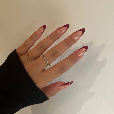 Maroon Simple Nails, Wine Red Tip Nails, Gel X Nails Almond Red, Wine Red French Tip Nails Almond, Almond Nails Wine Red, Red Wine Nails Acrylic With Design, Cherry Red Tip Nails, Wine French Tip Nails Almond, Red Wine Nails French Tip