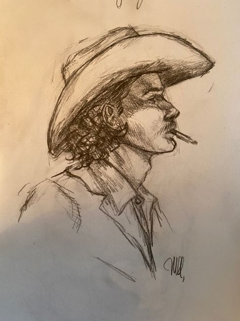 Cowboy Pencil Sketch my Margaret Asjes Art Sketches Pencil For Beginners, Country Landscape Drawing, Cowboy Drawing Ideas, Western Sketches Pencil, Texas Drawing Ideas, Cool Sketch Ideas Vintage, How To Draw A Cowboy, Bronc Drawing, Cowgirl Drawing Simple