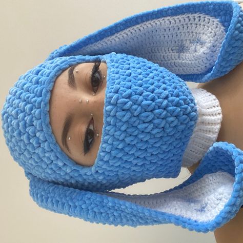 Blue crochet rabbit balaclava Crochet Mask, Crochet Fairy, Beginner Crochet Tutorial, Mode Crochet, Crochet Business, Crochet Design Pattern, Crochet Clothing And Accessories, Kawaii Crochet, Beginner Crochet Projects