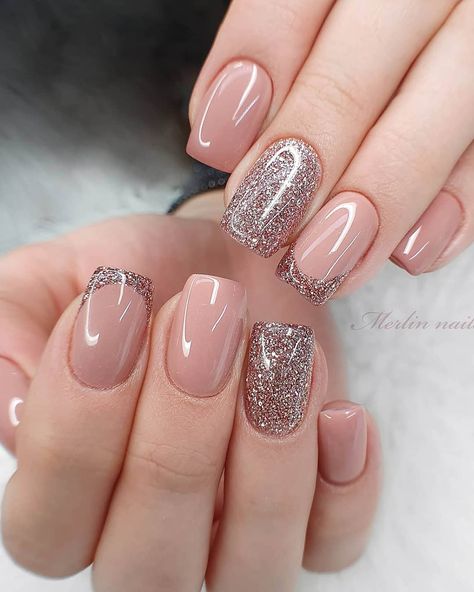 Elegant Touch Nails, Nude Nail Designs, Glitter Gel Nails, Blush Nails, Rose Gold Nails, Bling Acrylic Nails, Nagel Inspo, Elegant Nails, Fancy Nails