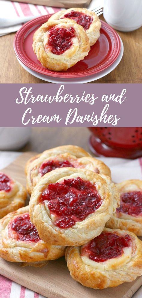 Puff Pastry Stuffing Ideas, Strawberry Filled Croissants, Puff Pastry Danishes, Strawberry Jam Pastry, Fruit Filled Pastries, Strawberry Cheesecake Puff Pastry, Strawberry Cheese Danish Recipe, Strawberry Pastry Recipes, Cream And Berry Filled Pastry Balls