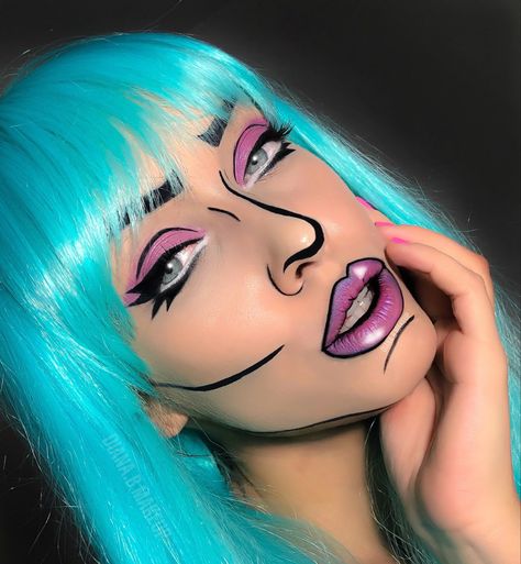 Pop Art Makeup Easy, Pop Art Costume Makeup, Comic Makeup Pop Art, Cartoon Makeup Looks, Comics Makeup Pop Art, Pop Art Makeup Ideas, Carnival Makeup Ideas, Pop Art Halloween Makeup, Maquillaje Pop Art