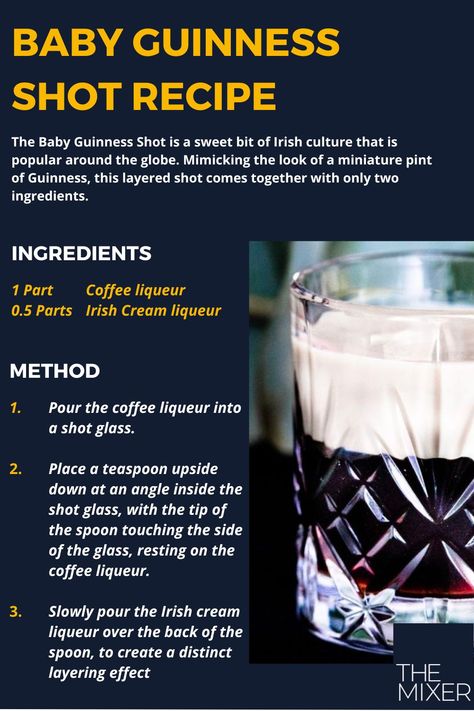 Show your St. Patrick's Day spirit with the Baby Guinness Shot! This classic Irish cocktail has only two ingredients and looks just like a miniature pint of Guinness. It's super easy to make - all you need is a spoon and a steady hand, and you're good to go! Baby Guinness Shot Recipe, Kahlua Baileys Drinks, Baby Guinness, Chocolate Tequila, Irish Cocktails, Baileys Drinks, Guinness Cocktail, Pint Of Guinness, Types Of Shots