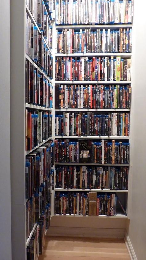 Blu Ray Storage Room (2) Blu Ray Collection Display, Blu Ray Shelf, Bluray Storage Ideas, Blu Ray Storage Ideas, Movie Closet, Dvd Storage Ideas, Blu Ray Storage, Movie Storage, Dvd Shelves