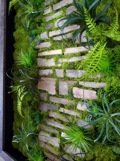 "SET OF 3 Faux succulent moss wall art, Handmade Preserved Moss Wall Picture, Wood frame, Driftwood Filler Natural, Vertical&Horizontal Frame Size each frame is H 21.5\" W 17.5\" Deep 2\"  Upgrade our home or office settings with these exquisite pieces of lifelike art. This handmade collection made for real, preserved moss combined with Driftwood Filler Natural and a faux succulents Color frame: Gray-Brown Persevered Moss (Color: Chartreuse) Vertical&Horizontal Frame Buy it, hang it, and enjoy! Moss Growing On Wall, Hanging Wall Garden, Moss Gardens, Greenery Wall Art, Preserved Moss Wall, Moss Color, Garden Coloring Pages, Greenery Wall, Horizontal Frame