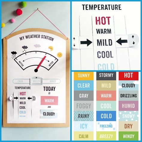 Print out a FREE weather station for the kids! Weather For Kids, Preschool Weather, Core Ideas, Learning Corner, Weather Crafts, Weather Projects, Classroom Charts, Weather Theme, Weather Unit