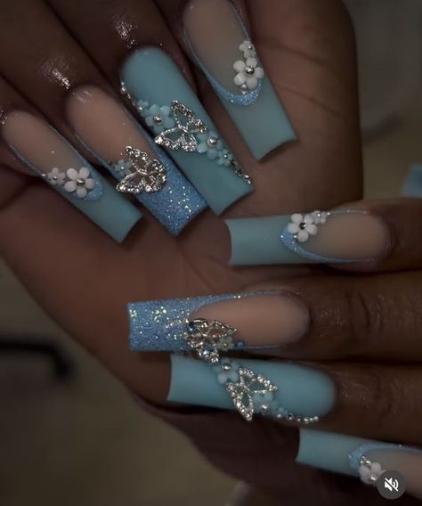 Quinceanera Nails Dark Blue, Mikela Core, Cinderella Theme Nails, Coffin Shape Nails Long, Quince Nails Blue, Blue Quinceanera Nails, Light Blue Quince Nails, Blue Crystal Nails, Spring Beach Nails