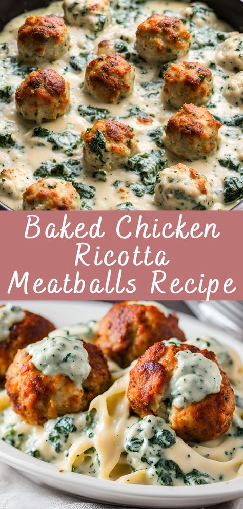 Baked Chicken Ricotta Meatballs Recipe with Spinach Alfredo Sauce | Cheff Recipes Baked Chicken Ricotta Meatballs Recipe, Creamy Spinach Chicken Bake, Baked Chicken Ricotta Meatballs With Spinach Alfredo Sauce Pasta, Baked Chicken And Ricotta Meatballs With Broccolini, Spinach Ricotta Meatballs, Garlic Alfredo Chicken Meatballs, Baked Chicken Ricotta Meatballs With Spinach Alfredo Sauce, Chicken Ricotta Meatballs Recipe, Meatballs In Alfredo Sauce