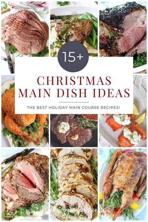 Here are 15 Christmas main dishes that are delicious, easy, and totally worthy of the most beautiful holiday dinner. Whether it's a traditional roast or a unique fancy stuffed pork or meatloaf, you'll fine prime rib, ham, turkey, lamb, and seafood recipes that are sure to impress your family and guests this holiday season! You are sure to find the perfect holiday recipe. Christmas Dinner Main Course, Christmas Entrees, Christmas Main Course, Elegant Christmas Dinner, Holiday Entrees, Christmas Main Dishes, Easy Christmas Dinner, Perfect Christmas Dinner, Christmas Main