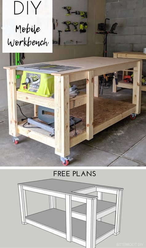 Mobile Workbench with Table Saw | Tylynn M Mobile Workbench Plans, Woodworking Blueprints, Mobile Workbench, Workbench Plans, Cool Wood Projects, Small Woodworking Projects, Diy Mobile, Free Woodworking Plans, Scrap Wood Projects