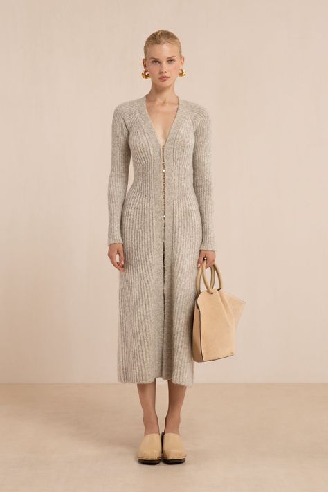 BESSIANA KNIT DRESS - FOG – CULT GAIA Casual Long Sleeve Maxi Dress, Long White Knit Dress, Cozy Winter Dresses, Fall Modest Dresses, Winter Knit Outfit, Long Ribbed Dress Outfit, Rib Knit Dress Outfits, Ribbed Dress Outfit, Knit Dress Outfit