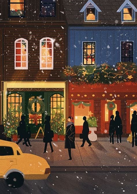 Snow Falling, Illustration Noel, Winter Illustration, Winter Art, Art And Illustration, Christmas Mood, Christmas Illustration, Christmas Wallpaper, Art Paint