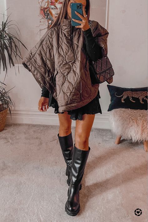 Beth Bartram, Quilted Cape, Black Dress Outfit, Cape Jacket, Khaki Jacket, Black Dress Outfits, Chain Strap Bag, Wardrobe Inspiration, Strap Bag