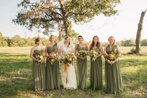 A Glamping Themed Yellow and Green Wedding via TheELD.com Olive And Mustard Wedding, Green And Yellow Wedding, Yellow And Green Wedding, Moss Green Wedding, Rustic Bridesmaid Dresses, Mustard Wedding, Olive Green Bridesmaid Dresses, Cotton Gin, Wedding Yellow