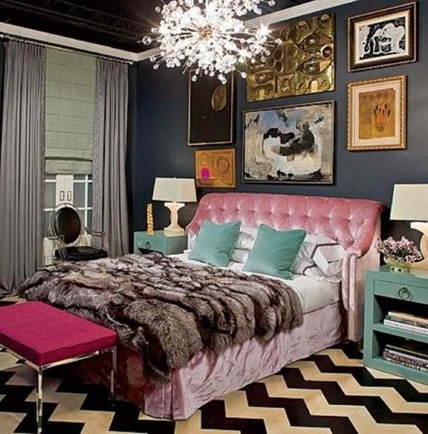 Dark Bedroom Walls, Hollywood Regency Bedroom, Eclectic Bedroom Design, Eccentric Decor, Glam Bedroom Decor, Glamourous Bedroom, Hollywood Regency Decor, Bedroom Design Inspiration, Glam Bedroom