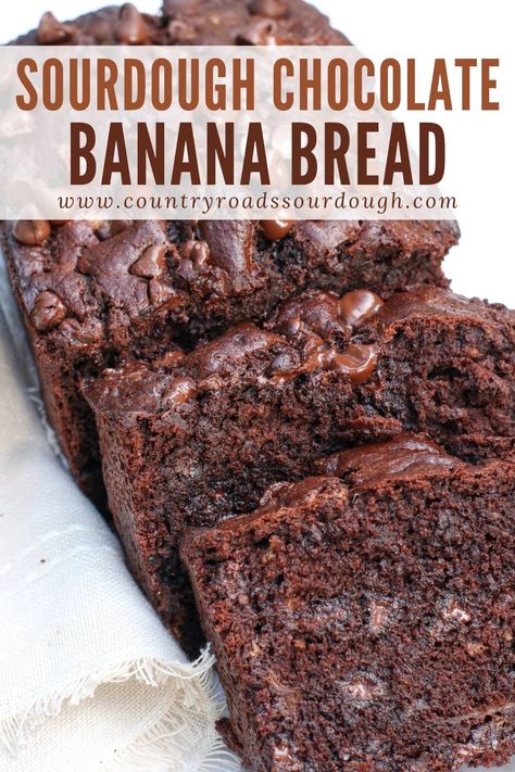 Discover the ultimate easy sourdough chocolate banana bread recipe. Made from scratch with sourdough discard, cocoa powder, and ripe bananas, this quick bread is rich, moist, and chocolatey. Add chocolate chips for extra decadence or make optional muffins for a fun twist. Perfect for a delicious homemade loaf that everyone will love, this recipe is simple to follow and yields irresistibly tasty results. Chocolate Chip Banana Bread Sourdough Discard, Sourdough Banana Cake Recipe, Banana Bread Discard Recipe, Discard Banana Bread Recipe, Discard Banana Recipes, Sourdough Banana Chocolate Chip Muffins, Sourdough Banana Nut Bread, Chocolate Sourdough Loaf, Sourdough Discard Chocolate Muffins