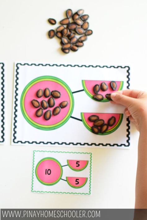 Hands-on learning on #numberbonds #preschool #kindergarten #math #literacy #watermelon Addition Activities Preschool, Math Worksheets For Kids, Mathematics Activities, School Age Activities, Subtraction Games, Addition Kindergarten, Addition Activities, Subtraction Activities, Number Bonds