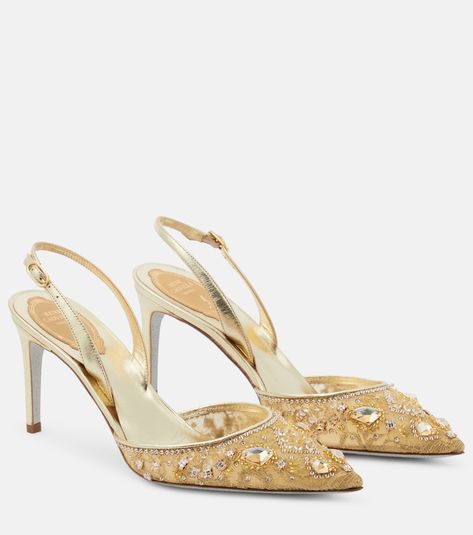 Mytheresa Shoes, Rene Caovilla Shoes, Gold Pumps, Iridescent Crystal, Rene Caovilla, Photoshoot Outfits, Slingback Pump, Dream Shoes, Dream Jewelry