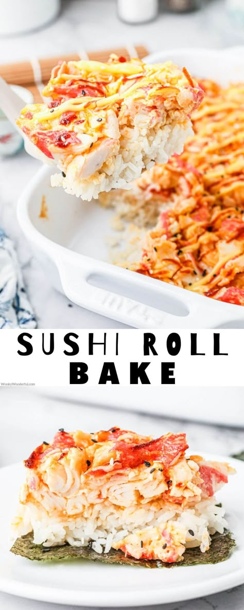 Recipes Using Seaweed Sheets, Sushi Roll Bake, Imation Crab Sushi Bake, Viral Sushi Bake, Sushi Crab Bake, Crab Sushi Bake Recipe Easy, Imitated Crab Recipes Sushi Bake, Sushi Bake Recipe Crab, Sushi Bake Crab