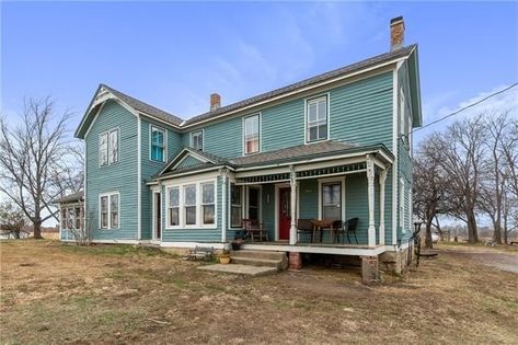 Circa 1860 Handyman Special Kansas Farmhouse For Sale W/Quonset Hut on 5 Acres. $395,000 - Country Life Dreams 1860 Farmhouse, Victorian Character, Quonset Hut, Life Dreams, Family Room Fireplace, November 19th, Exterior Paint Colors For House, Exterior Paint Colors, A Hill