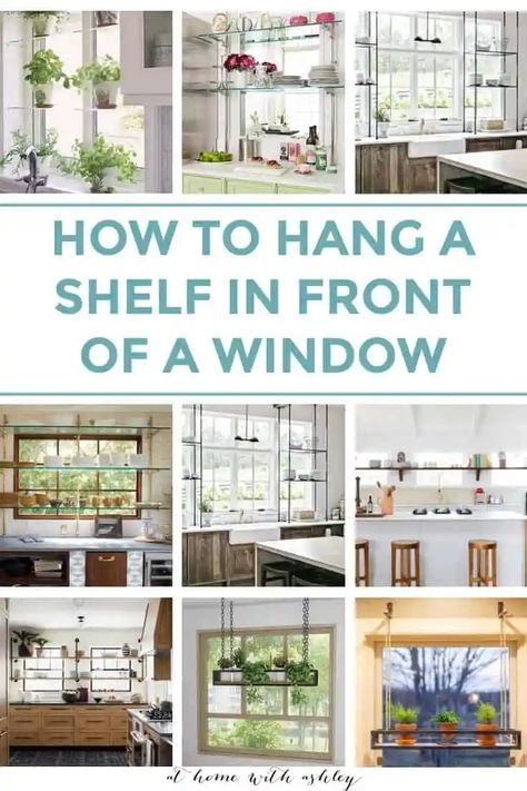 How to hang a shelf in front of windows or glass. This works for storage on open sheling with ideas for hanging shelves or a ceiling rack and is perfect in a kitchen, living room, she shed, or bar. It's great for holding shelves and I share a diy tutorial for how to make one Kitchen Window Plant Shelf, Shelves In Front Of Kitchen Window, Shelf Over Window, Window Shelves For Plants, Hanging Shelf Kitchen, Kitchen Window Shelves, Window Shelf For Plants, Window Plant Shelf, Plant Window