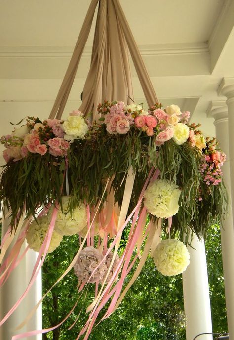 I have a serious LOVE for ribbon! Whatever holiday, birthday, shower, or celebration; I will find a way to use me some ribbon! These ideas kind of blow my little ribbon loving mind! SO simple, beau… Garden Chandelier, Hoop Chandelier, Flower Room Decor, Chandelier Ideas, Yellow Canary, Fiesta Tropical, Wedding Chandelier, Flower Chandelier, Event Props