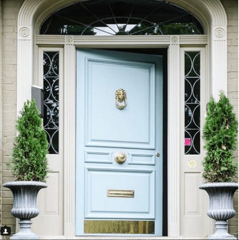 French Style Front Door, Blue Door Interior, Blue Exterior Door, Blue Door House, Potted Boxwood, Door Knockers Vintage, Exterior Door Colors, Oval Room Blue, Blue Front Door