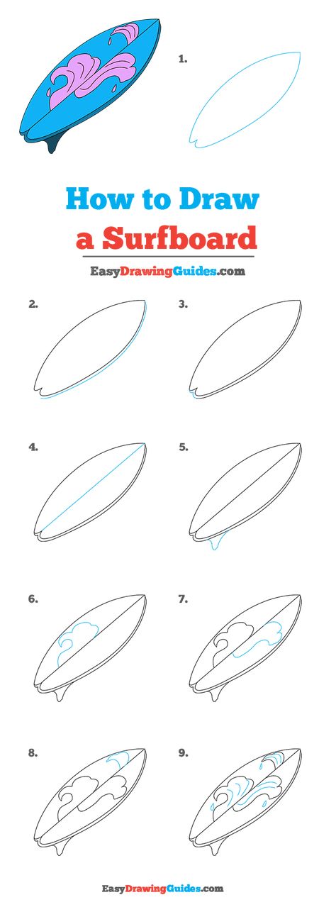 How To Draw A Surfboard Step By Step, How To Draw A Wave Step By Step, Surf Board Drawing Simple, Surf Board Doodle, Surf Boards Drawing, How To Draw A Surfboard, Surf Drawing Doodles, Surfboard Doodle, Drawing Surfboard