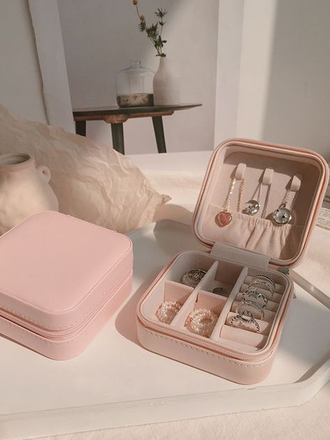 1pc Solid Jewelry Storage Box | SHEIN USA Pochette Diy, Penyimpanan Makeup, Travel Jewellery Box, Personalized Ring Box, Personalized Jewelry Box, Travel Jewelry Box, Jewelry Safe, Travel Jewelry Case, Jewelry Organizer Box